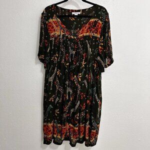 Go Softly Patio House Dress Kaftan Crinkle Rayon Mumu Leaf Animal Print Snaps PL